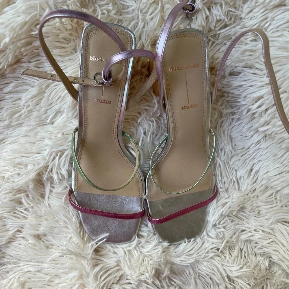Black Suede Studio Verana Ankle Strap Sandal Silver block heel Size 38.5 (8)